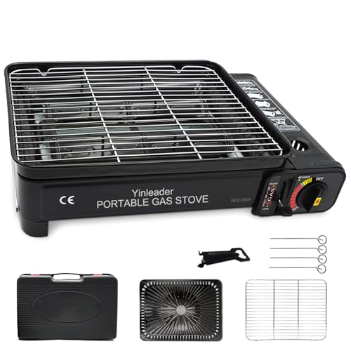 Tragbarer Gasgrill Camping Grill Set mit Grill pan BBQ Netz Mit einem Clip Eisenstock - Tragbare Grills mit Koffer