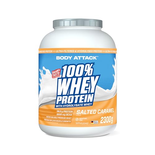 Body Attack 100% Whey Protein Salted Caramel, 2,3 kg - Made in Germany - extra cremiges Eiweißpulver mit Hydrolysat und BCAA´s, unterstützt Muskelaufbau und Diäten, für alle Sportler & Athleten