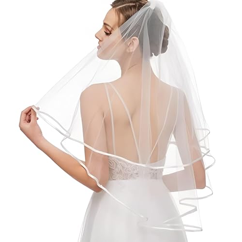 LFWZRY Brautschleier Weiß, Schleier kurz Bridal Tüll mit Kamm, Softtüll Schleier Ribbon Edge Brautschleier für JGA, Halloween, Bräute, Dusche, Junggesellinnenabschied, Hochzeit, Hen Party