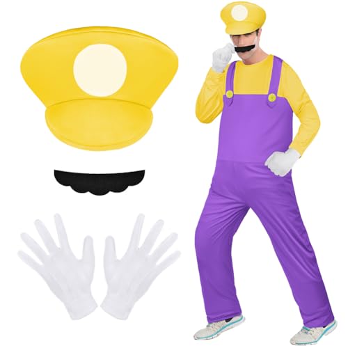 Aomig Cosplay Kostüm, 4 Pcs Luigi Bros Cosplay mit Mütze Hose Bart Handschuhe, Super-Brüder Luigi Kostüm Set Männer Damen, Erwachsene Outfit Kostüm für Weihnachten Karneval Faschingskostüme (Gelb,L)