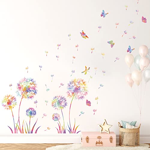 KAIRNE Wandtattoo Pusteblume,Blumen Wandtattoo für Kinderzimmer Mädchen,Bunt Wandsticker Löwenzahn für Schlafzimmer,Pflanzen Blumen Wandaufkleber für Wohnzimmer Babyzimmer Küche Fenster Tür Wanddeko