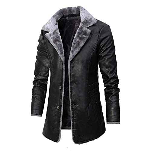 Modeewel Lederjacke Herren Mantel Herrenjacke Schwarz Slim Fit Winterjacke Ledermantel Kunstpelzjacke Gefüttert Fleecejacke Mit Kunstpelz Mantel Pu Winddichte Bikerjacke