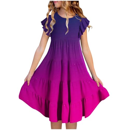 KQIVAM Mädchen Baumwolle Sternenhimmel Farbverlauf Fliegender Ärmel Kleider Sommer Freizeit Kurzarm Knielang Kleid Kurzarm Sommerkleid Strandkleid Mädchenkleid 6-15 Jahre