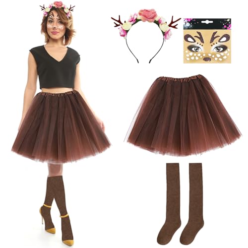 Jokureao Damen Rentier Kostüm Set, Karneval Damenkostüm mit Tüllrock, Geweih Haarreif, Gesichtsaufkleber, Reh Kostüm für Party, Cosplay