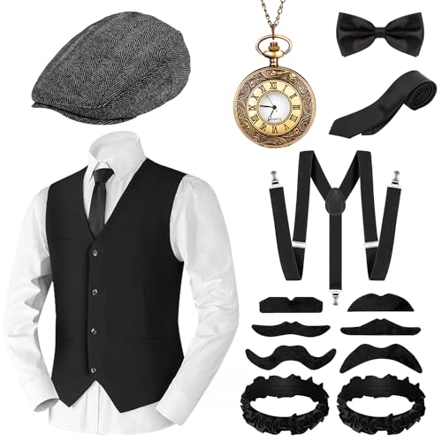 Alintor 20er Jahre Kostüm Herren, Faschingskostüme Männer, Peaky Blinders, Mafia Karneval, 20er Jahre Accessoires Panamahut Taschenuhr Fliege Hosenträger Set