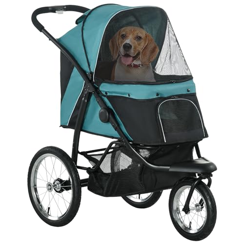 PawHut Hundewagen Hundebuggy klappbar für Hunde & Katzen bis 20 kg Katzenbuggy mit geländegängige Gummiräder Kissen Netzfenstern Türen Katzenwagen mit Aufbewahrungskorb Buggy Dunkelgrün