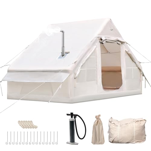 Aufblasbares Campingzelt mit Pumpe, 420D Oxford Glamping Aufblasbares Zelt für Camping mit Kaminöffnung & Dachfenster, 4 Saison Anti-UV Kabinenzelt mit Mesh Fenster & Türen für 4-6 Person