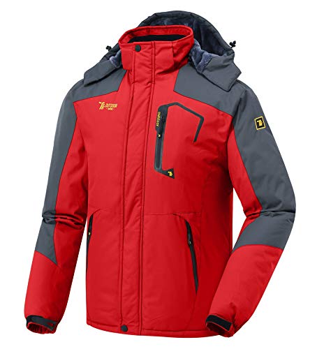 donhobo Herren Winter wasserdichte Winddichte Winterjacke Warme Fleece-Futter Ski Jacken Regenmantel mit Kapuze Rot XL