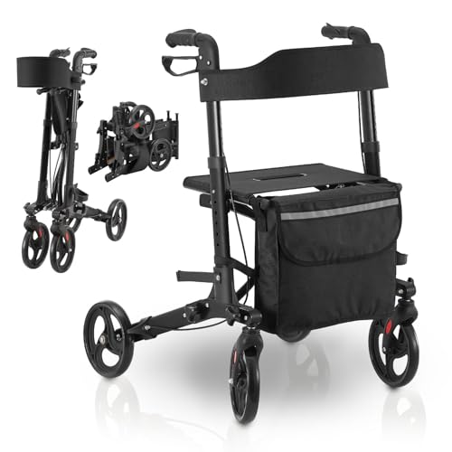 Juskys Rollator Vital schwarz - Gehhilfe faltbar & leicht aus Aluminium bis 130kg - Laufhilfe höhenverstellbar mit Sitz, Tasche & Regenschirmhalterung