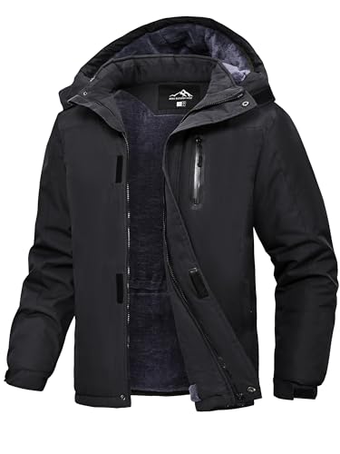 Peakwell Herren Fleece Futter Winterjacke Warme Arbeitsjacke Outdoor Wandernjacke Wasserdichte Übergangsjacke mit Mehrfachtasche, Schwarz, XXL