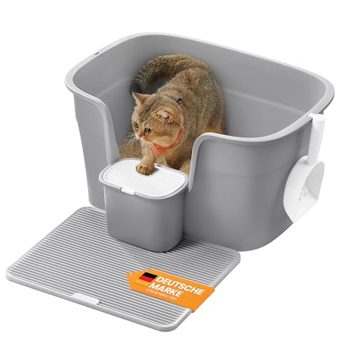 Feandrea Katzenklo, extragroße Katzentoilette, für Mehrkatzenhaushalte, mit hohen Seitenwänden, Katzenstreumatte, Aufbewahrungsbox, Schaufel, für große Katzen, Taubengrau PPT003G01