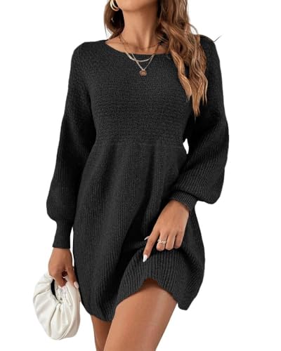 Saodimallsu Damen Rundhals Strickkleid Puffärmel Hoch Tailliert Pulloverkleid Elegant Strickpullover Kleid A-Linie Minikleid Schwarz Groß