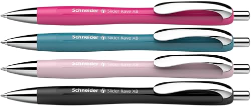 Schneider 132564 Slider Rave XB Kugelschreiber (Limitierte Sonderedition, je 1x schwarz, power pink, teal, pearl, Made in Germany) 4 Stück, Schreibfarbe: blau