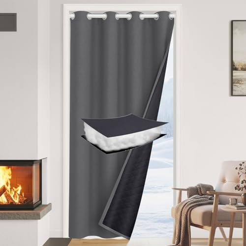 PLODAXE Thermovorhang Kälteschutz Türvorhang Wasserdicht, 1 Stück Mehrlagig Dicker Wärmeschutzvorhang Tür mit Ösen, Verdunklung Gegen Kälte und Hitzen für Haustür, Schlafzimmer(Grau, B132xH203cm)