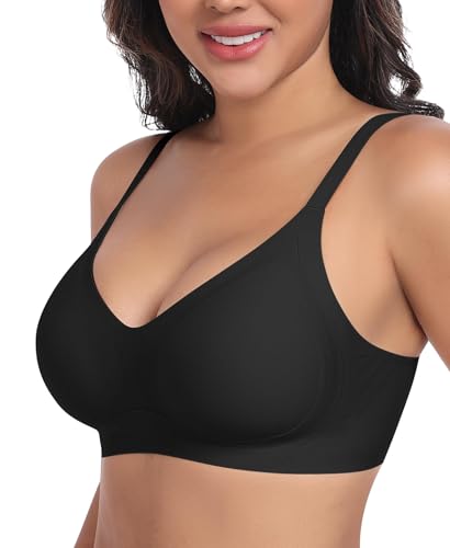 Ganado Bügelloser BHs für Damen, V-Ausschnitt, nahtlos, kabellos, Push-Up-BH, bequem, weiche Unterstützung, gepolsterte BHs für große Brüste, T-Shirt, Bralettes mit extra Verlängerung, Schwarz , L
