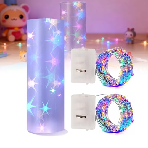 Lichterketten Batterie mit DIY Stern-Transparentfolie, Wasserfeste Lichterkette für Innen- und Außendekoration, Weihnachten, Hochzeit, 3m Kupferdraht mit 30 LEDs, 47*27cm Folie, Mehrfarbig
