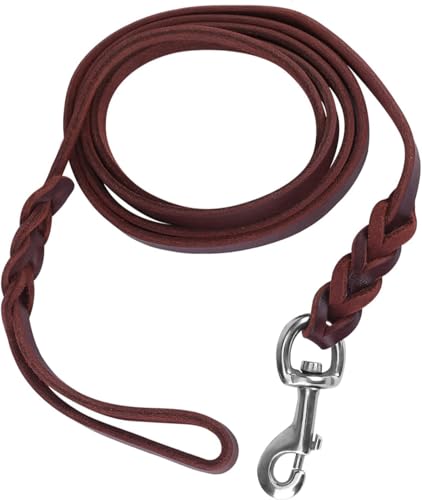 CYSFETENA 1.6m Fettlederleine Hund,Dunkelbraun Rindsleder Lederleine Hund Große Hunde,Geflochtenen Design Hundeleine Leder für Hunde Gehen Training Outdoor Aktivitäten Mittelgroße