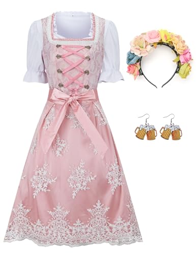 Ezuwail Dirndl Damen 5-Teilig Günstig Dirndl-komplettsets Große Größen Rosa Midi Dirndlkleid Outfit Billig Oktoberfest Dirndel Kleidung für Frauen Dirndelkleider Kostüm