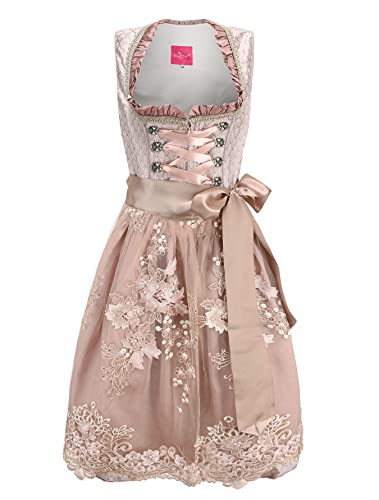 ELFIN Damen Midi Dirndl Elegante Trachtenkleid für Oktoberfest inkl. Spitzen Dirndlschürze, Champagner Rosa, 38