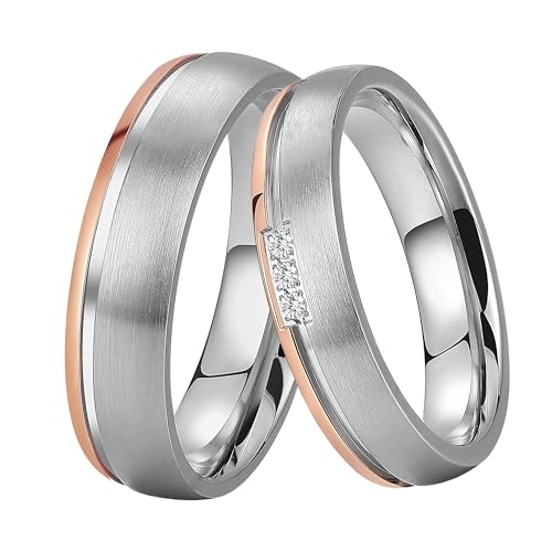 DOOSTI Paar Ringe für Damen Herren Partnerring Edelstahl Bicolor Silber Rosegold ohne/mit Zirkonia Ehering Trauring Freundschaftsring Hochzeit Ringe Frau Mann (Damenring, 58 (18.5))
