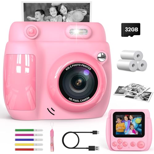 Gofunly Sofortbildkamera Kinder, 2.4 Zoll Bildschirm Kinderkamera Sofortbildkamera mit 32GB Karte & Druckpapier, Kamera Kinder Sofortdruck HD 1080P, Camera mit Fotos Drucken Geschenk für 3-12 Jahre