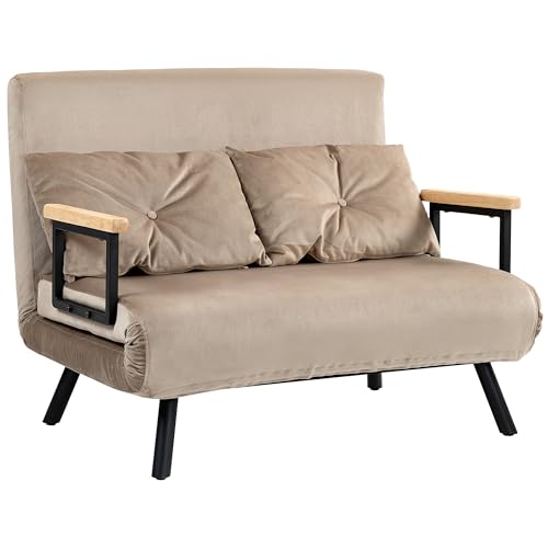 HOMCOM Schlafsofa 4 in 1 2 Sitzer Sofa mit Schlaffunktion, 183 x 98,5 cm Klappbar Couch Schlafcouch mit 5-stufig Verstellbarer Rückenlehne, Lendenkissen und Samtoptik für Wohnzimmer, Hellbraun