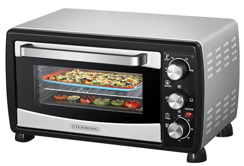 Steinborg® Mini Backofen mit Umluft 20 Liter Pizzaofen Krümelblech Umluftfunktion Ober- und Unterhitze 1.400 Watt Miniofen mit Timer kleiner Backofen für Camping oder Haushalt freistehend