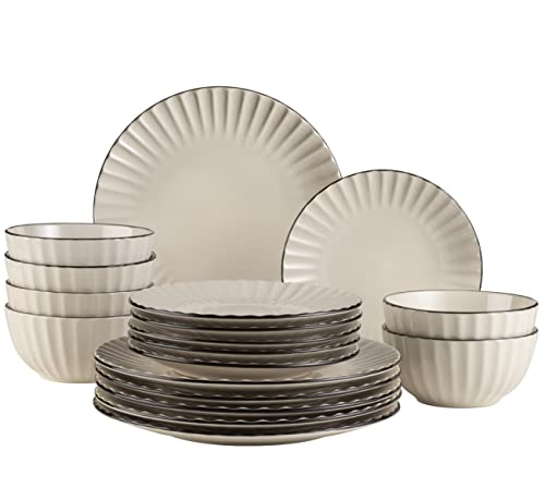 MÄSER 931967 Serie Osita Retro Tafelservice für 6 Personen mit Wellenform, 18-teiliges rundes Geschirrset mit Speiseteller, Dessertteller und Müslischale, Essgeschirr Set, Steinzeug, Cremeweiß