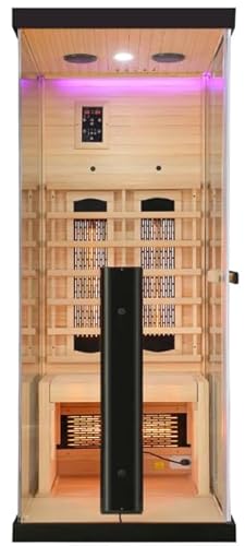 SANOTECHNIK Infrarotkabine GRENA DELUXE (für 1 Person, 80×110×190 cm) – Infrarotsauna mit 3 Voll‑Spektrumstrahlern, 6 mm ESG‑Sicherheitsglas, Bluetooth‑MP3, LED‑Farblicht & Touch‑Display, SB40080