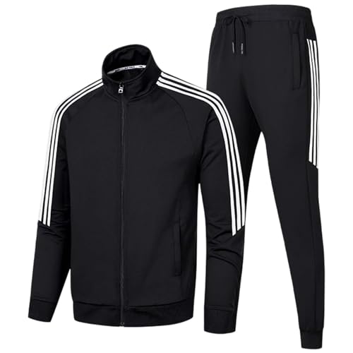 Clufar 2 Pcs Trainingsanzug Herren Fussball Schwarz Jogginganzug Herren mit Reißverschluss Atmungsaktiv Tracksuit Teenager Polyester Sportswear Fußball Männer Sportanzug Freizeitanzug Gym,L Black