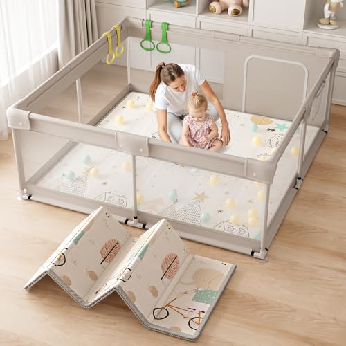 Lertantri Laufstall Baby, Laufgitter Baby mit Spielmatte, 150×150×68cm Laufstall xxl, Laufgitter mit Atmungsaktivem Netz an Vier Seiten und Saugnäpfen