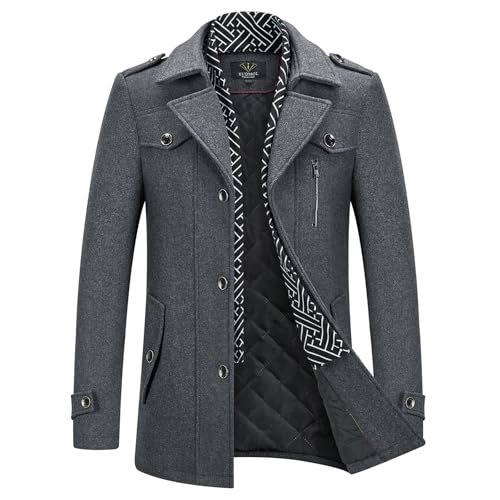 KUDMOL Herren Wintermantel Wolle Kurzmantel Stehkragen Wollmantel Mittellang für Business Freizeit Peacoat(Grau,XL)