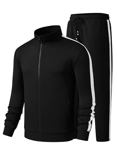 JMIERR Herren Traingsanzug Set Schwarz Streatwear 2-Teiliger Jogginganzug Full Zip Sportanzug Männer Freizeit Tracksuit L