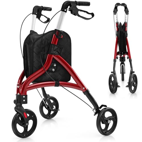 FANTASK Dreirad Rollator faltbar und leicht, 3-Rad Leichtgewichtrollator mit Sitz 6-fach höhenverstellbar, Gehwagen mit Tasche & Bremse, Aluminiumrahmen für Senioren & Erwachsene (Rot)