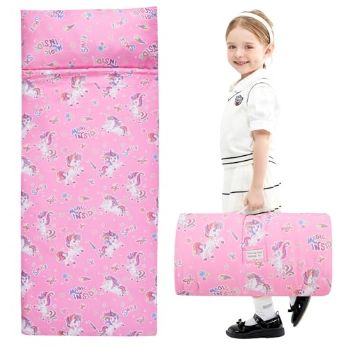 Schlafsack Kindergarten für Jungen & Mädchen 3-8 Jahre, 120x60 cm - Baumwolle Flauschfutter, Leicht & Warm mit Abnehmbarem Kissen - Für Kita, Reise & Camping (Einhorn)