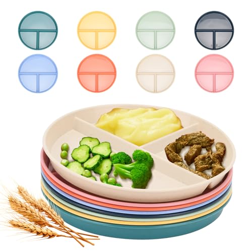 8 Stück 22,9 cm geteilte Teller – BPA-freie Speiseteller mit 3 Abschnitten für ausgewogene Mahlzeiten – mikrowellen- und spülmaschinenfest, unzerbrechliche Kunststoffteller für Zuhause, Kinder