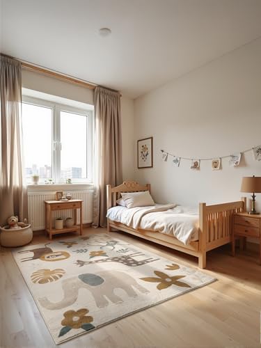 Hanse Home Adventures Kinderteppich - Safari, Zoo, Spielteppich, Tier Design, Spielmatte, Krabbelteppich Junge Mädchen für Kinderzimmer, Jugendzimmer, Wohnzimmer - Creme Multifarben, 120x170cm