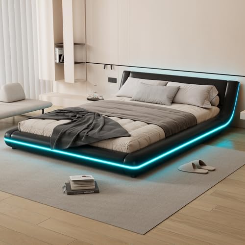 RIAZOS LED Polsterbett 140x200 cm mit Lattenrost, Bodenbett Kunstleder - Bogendesign Bett Jugendbett Bettgestell Doppelbett, ohne Matratze, Schwarz