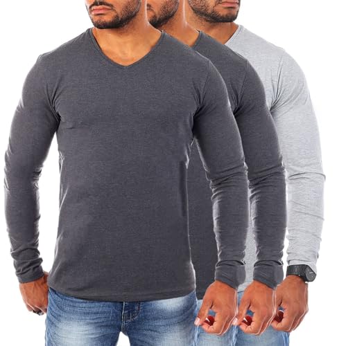 Young & Rich Herren Uni Longsleeve v-Neck Basic Tee Langarm Shirt einfarbig V-Ausschnitt Slimfit mit Stretchanteilen 2001, Grösse:M, Farbe:2X Dunkelgrau Melange / 1x Grau Melange (3er Pack)