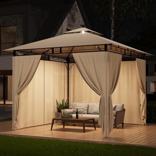 TRIUMPHKEY Pavillon 3x3 Wasserdicht Stabil Winterfest, Garten Pavillion mit seitenwänden, UV-Schutz 50+, Plane Gartenlaube, Metallrahmen Pavillon, Patio Gazebo, Beige