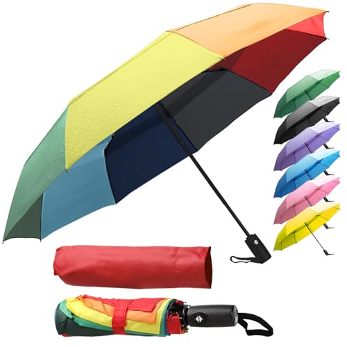 ZENO Regenschirm Taschenschirm Kompakt – Automatik Windfest Klein, Faltbarer Reise-Regenschirm für Damen & Herren, Stabil mit 9 Fiberglas-Rippen, Wasserabweisend Teflon, Rainbow