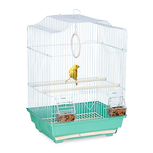 Relaxdays Vogelkäfig, Käfig für kleine Kanarienvögel, Sitzenstangen & Futternäpfe, 49,5 x 35 x 32 cm, hellblau/mintgrün, 1 Stück (1er Pack)