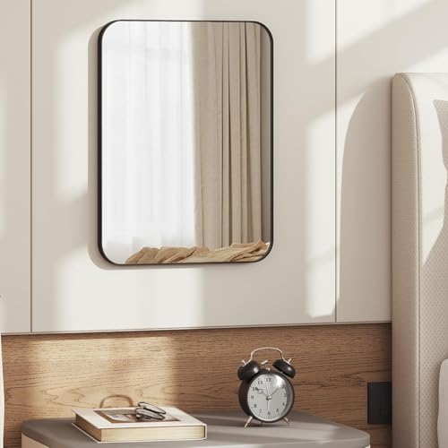 WOLTU Wandspiegel mit Metall Rahmen & Abgerundeten Ecken, Schminkspiegel, Badezimmerspiegel zum Aufhängen, modern für Badezimmer Flur Schlafzimmer Wohnzimmer, 40 x 30 cm, Deko Spiegel rechteckig