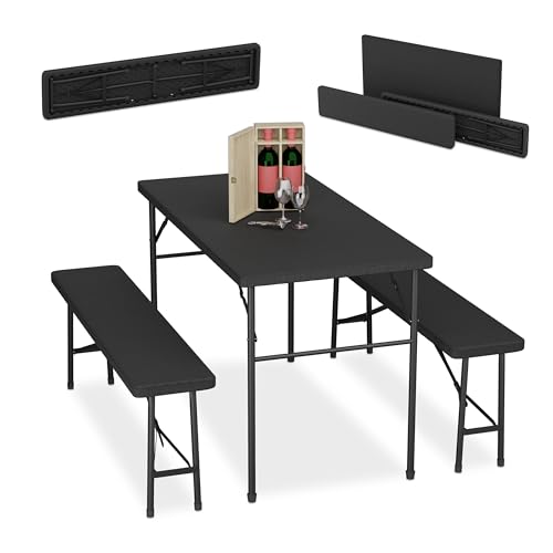 Relaxdays Bierzeltgarnitur klappbar, 3-tlg Bierbank Set mit großem Tisch, Garten, Festzeltgarnitur, Rattanoptik, schwarz