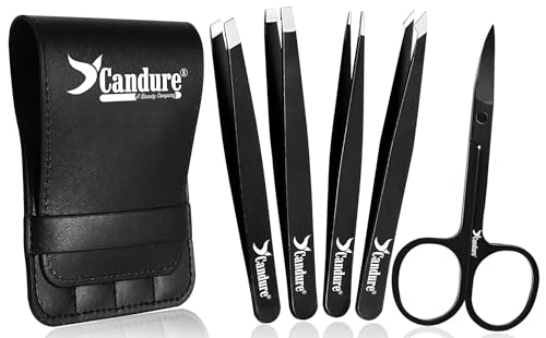 Candure Eyebrow Tweezers Set for Professionals (5Piece) – Stainless Steel Precision Tweezers for Ingrown Hair, Facial Hair, Splinter and Blackhead Remover (Schwarz - 5 Stück)