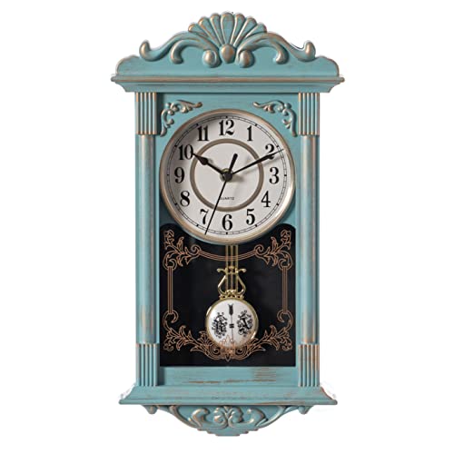 Clockswise Vintage Großvater Holzoptik Kunststoff Pendel Dekorative Batteriebetriebene Wanduhr für Büro, Heimdekoration, Wohnzimmer, Küche oder Esszimmer, Blau mit Gold Distressed Design