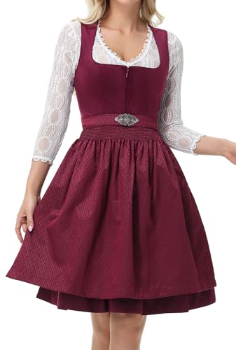 TrendiMax Damen Midi Dirndl - Elegant Samt Dirndlkleid Trachtenkleid für Oktoberfest mit Blumenmuster Schürze, Beere, 42