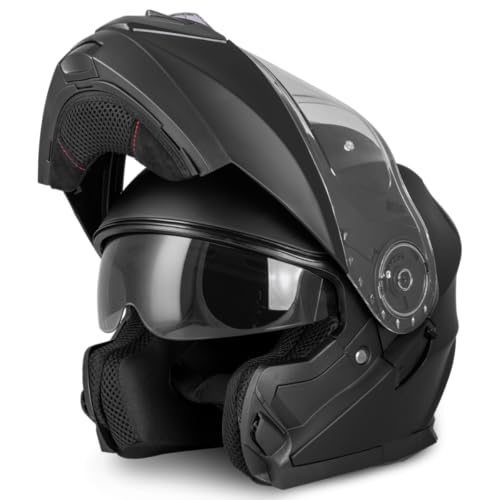 VINZ Santos Klapphelm mit Sonnenblende | ECE 22.06 & PINLOCK vorbereitet | Motorrad Helm Integralhelm | Motorradhelm Klappbar | In Gr. XS-XXL - Matt Schwarz