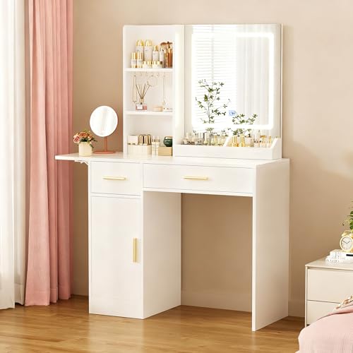 Schminktisch mit LED Beleuchtung großem Spiegel & Hocker Kosmetiktisch Frisiertisch mit dimmbarer Beleuchtung, USB Ladestation, verstellbaren Ablagen, großer Schublade & Schrank Moderner Make-up Tisch