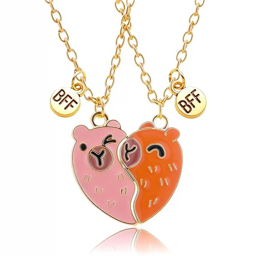 Sekfpnk 2 Stück Capybara Freundschaftskette, Kann zu Einer Herzform Kombiniert Werden, BFF Halskette mit Süßem Capibara, Geeignet Herzförmiges Halskette, Tägliches Accessoire